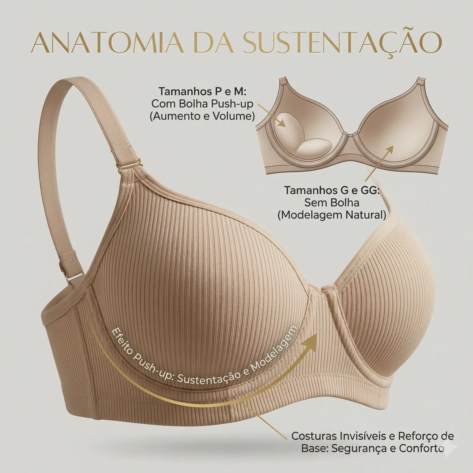 Kit 3 Sutiã Com Bojo Canelado Alça Reforçado Alta Sustentação Cores Básica Dia a Dia
